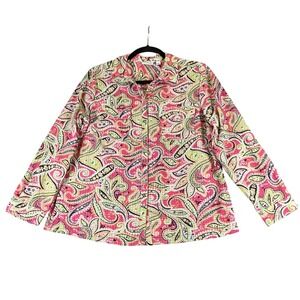 Kim Rogers Petite XL Paisley Button Front Shirt Pink Green Lightweight